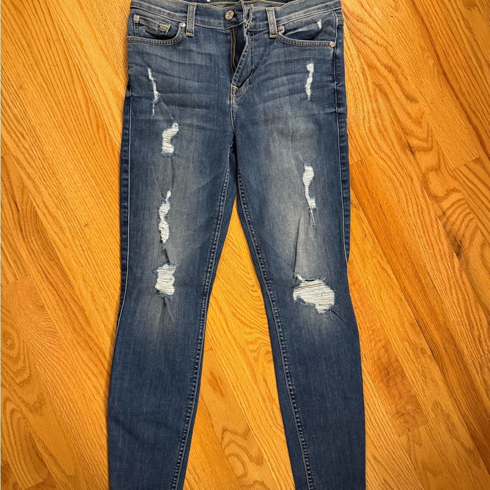 7 For All Mankind Blue Skinny Jeans with Distressed Details